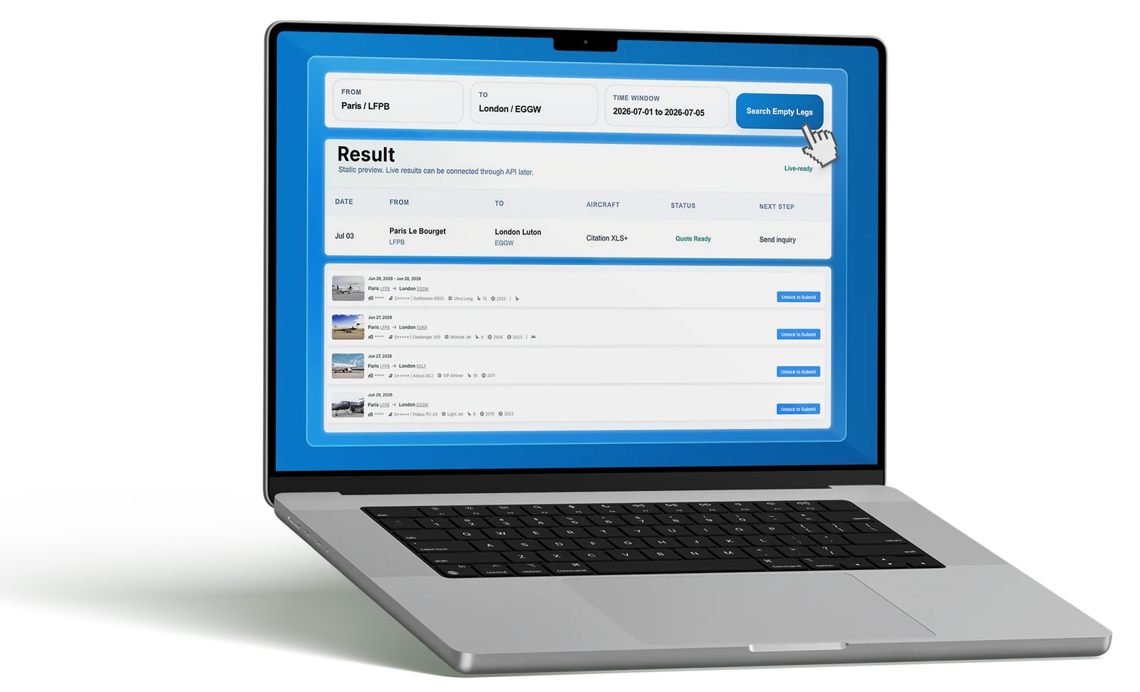 Embeddable Avi-Go empty-legs search shown on a laptop
